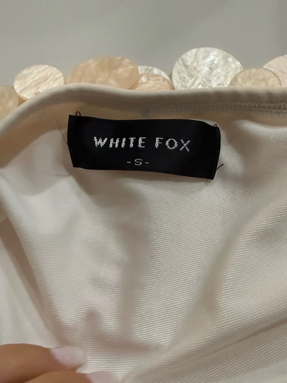 White Fox Boutique Mini Skirt with Pearl Sequin Discs — Cream